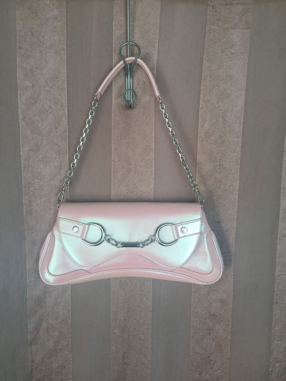 Paris Hilton Women's Rider Large Shoulder Baguette Bag Pink Purse Shiny Metallic